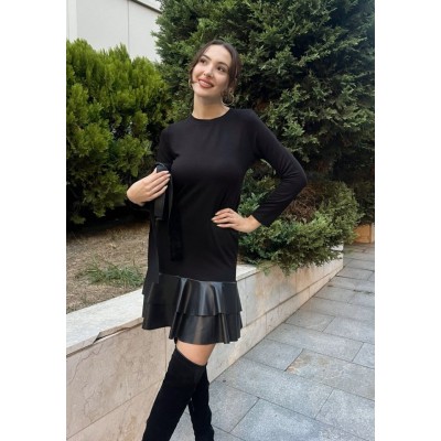 Kadın Uzun Kollu Bisiklet Yaka üst Viskon Etek Ucu Deri Kısa Elbise Kadın Uzun Kollu Bisiklet Yaka üst Viskon Etek Ucu Deri Kısa Elbise