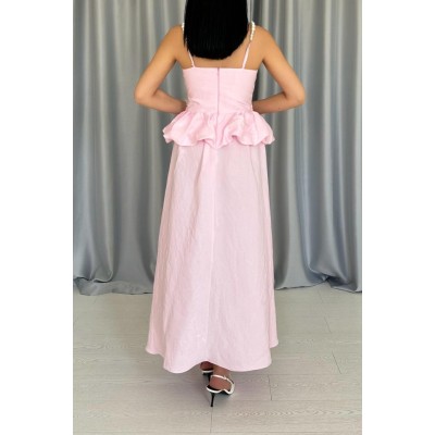 Pembe Beli Büzgülü İnci Askılı Uzun Elbise Pembe Beli Büzgülü İnci Askılı Uzun Elbise