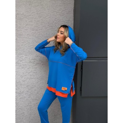 Kadın Indigo Kapşonlu Etek Ucu Detay Arma Ters Dikiş Gorunumlu Ikili Takım Kadın Indigo Kapşonlu Etek Ucu Detay Arma Ters Dikiş Gorunumlu Ikili Takım