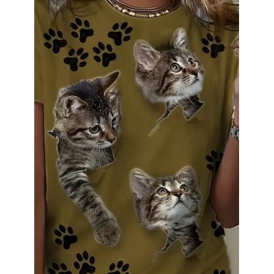 Kadın Kısa Kollu Kedi Ve Pati Baskılı Süprem T-shirt Kadın Kısa Kollu Kedi Ve Pati Baskılı Süprem T-shirt
