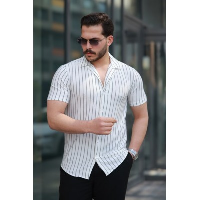 Erkek Kısa Kollu Gri çizgi Desenli örme Kumaş Pamuklu Gömlek