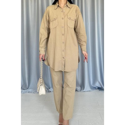 Camel Yıkamalı Gömlek Ve Pantolon Takım Camel Yıkamalı Gömlek Ve Pantolon Takım