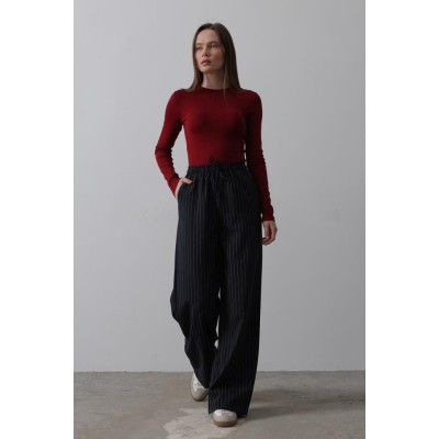 Beli Lastikli Bol Paça Pantolon - Lacivert-Beyaz Beli Lastikli Bol Paça Pantolon - Lacivert-Beyaz