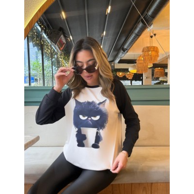 Kadın Uzun Kollu Bisiklet Yaka Kedi Baskılı şardonlu Dalgıç Bluz Kadın Uzun Kollu Bisiklet Yaka Kedi Baskılı şardonlu Dalgıç Bluz