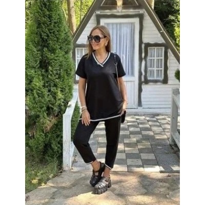 Kadın Kısa Kollu V Yakalı Iki Iplik Bluz Ve Pantolon Ikili Takım Kadın Kısa Kollu V Yakalı Iki Iplik Bluz Ve Pantolon Ikili Takım
