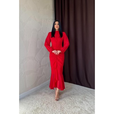 Kırmızı Önü Büzgülü Şifon Elbise Kırmızı Önü Büzgülü Şifon Elbise