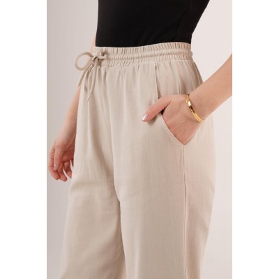 Cepli Belden Bağlamalı Paça Detaylı Krem Pantolon Cepli Belden Bağlamalı Paça Detaylı Krem Pantolon