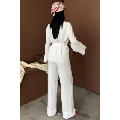 Kruvaze Model Klasik Pantolonlu Çupra Keten Takım 10191 Kruvaze Model Klasik Pantolonlu Çupra Keten Takım 10191