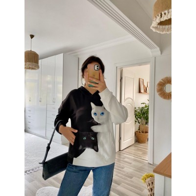 Kadın Uzun Kollu Kapşonlu Bağcıklı Kedi Desenli şardonlu Dalgıç Bluz Kadın Uzun Kollu Kapşonlu Bağcıklı Kedi Desenli şardonlu Dalgıç Bluz