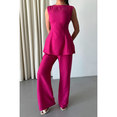 JAKAR KETEN KOLSUZ BLUZ-PANTOLON TK - Fuşya JAKAR KETEN KOLSUZ BLUZ-PANTOLON TK - Fuşya