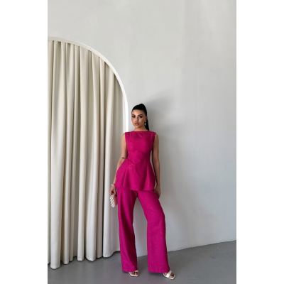 JAKAR KETEN KOLSUZ BLUZ-PANTOLON TK - Fuşya JAKAR KETEN KOLSUZ BLUZ-PANTOLON TK - Fuşya