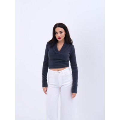 42531 TRİKO SİMLİ YAKALI CROP-ANTRASİT 42531 TRİKO SİMLİ YAKALI CROP-ANTRASİT