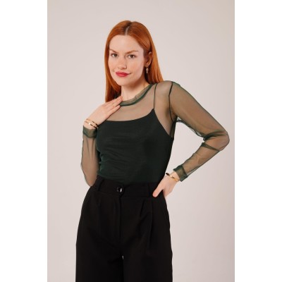 Transparan Yeşil Tül Basic Bluz Transparan Yeşil Tül Basic Bluz