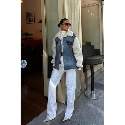 İçi Kürklü Deri Garnili Denim Görünümlü Ceket 6116 İçi Kürklü Deri Garnili Denim Görünümlü Ceket 6116