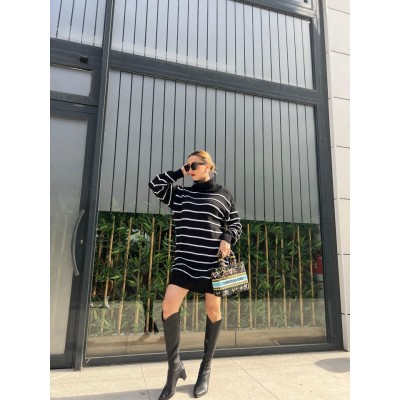 Kadın Uzun Kollu Degaje Yaka çizgili Sonya Iplik Mini Boy Triko Elbise (kemersiz) Kadın Uzun Kollu Degaje Yaka çizgili Sonya Iplik Mini Boy Triko Elbise (kemersiz)