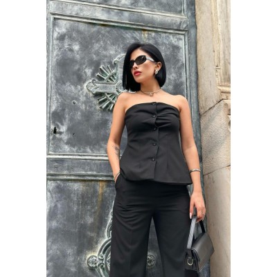 Siyah Straplez Düğmeli Crop Ve Pantolon Takım Siyah Straplez Düğmeli Crop Ve Pantolon Takım