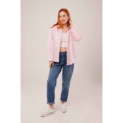Çizgili Rahat Kesim Pembe Gömlek Çizgili Rahat Kesim Pembe Gömlek