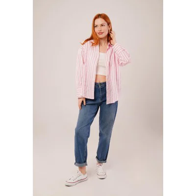 Çizgili Rahat Kesim Pembe Gömlek Çizgili Rahat Kesim Pembe Gömlek