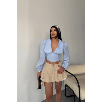 CROP POPLİN GÖMLEK YAKA KENAR DANTEL DETAYLI - Bebe Mavi CROP POPLİN GÖMLEK YAKA KENAR DANTEL DETAYLI - Bebe Mavi