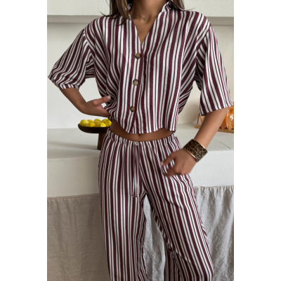ÇİZGİLİ CROP GÖMLEK - SALAŞ PANTOLON TAKIM MODAL - Bordo ÇİZGİLİ CROP GÖMLEK - SALAŞ PANTOLON TAKIM MODAL - Bordo