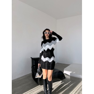 Kadın Uzun Kollu Zigzag Desen Triko Elbise Kadın Uzun Kollu Zigzag Desen Triko Elbise