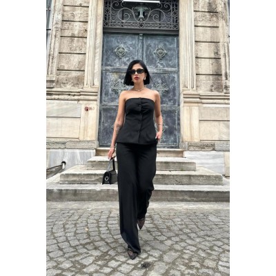 Siyah Straplez Düğmeli Crop Ve Pantolon Takım Siyah Straplez Düğmeli Crop Ve Pantolon Takım