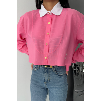 CROP GÖMLEK BEYAZ YAKA VE ETİKET DETAYLI - Pembe CROP GÖMLEK BEYAZ YAKA VE ETİKET DETAYLI - Pembe