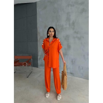 OMUZ MİDYE SIRALI BLUZ - PAÇA PENSLİ PANTOLON TAKIM - Orange OMUZ MİDYE SIRALI BLUZ - PAÇA PENSLİ PANTOLON TAKIM - Orange