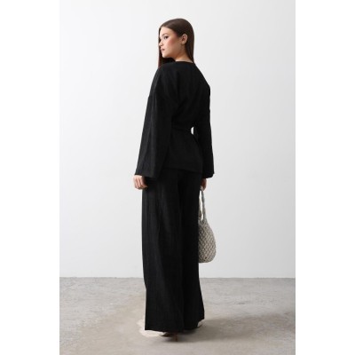 Beli Bağlamalı Tunik Ve Beli Bağlamalı Pantolon Takım - Siyah Beli Bağlamalı Tunik Ve Beli Bağlamalı Pantolon Takım - Siyah