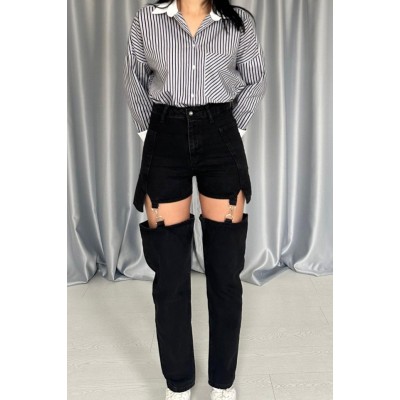 Siyah Askılı İki Parça Jeans Pantolon Siyah Askılı İki Parça Jeans Pantolon