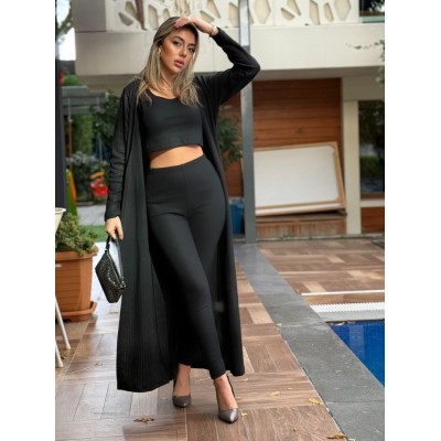 Kadın Yuvarlak Yaka Askılı Krop Bluz Yüksek Bel Tayt Ve Uzun Hırka şardonlu Kaşkorse üçlü Takım Kadın Yuvarlak Yaka Askılı Krop Bluz Yüksek Bel Tayt Ve Uzun Hırka şardonlu Kaşkorse üçlü Takım