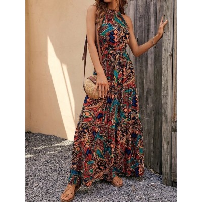 Kadın Kolsuz Halter Yaka Beli Lastikliotantik Desenli Mikro Kumaş Elbise Kadın Kolsuz Halter Yaka Beli Lastikliotantik Desenli Mikro Kumaş Elbise