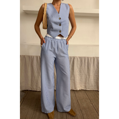 GOFRE ÇİZGİLİ YELEK - PANTOLON TAKIM - Mavi GOFRE ÇİZGİLİ YELEK - PANTOLON TAKIM - Mavi