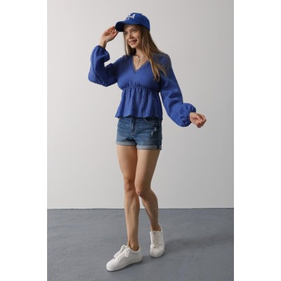 V Yaka Dantelli Bluz - Mavi V Yaka Dantelli Bluz - Mavi