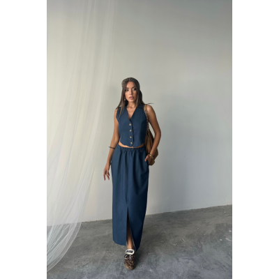 TENCEL YELEK - YIRTMAÇLI ETEK TAKIM - İndigo TENCEL YELEK - YIRTMAÇLI ETEK TAKIM - İndigo