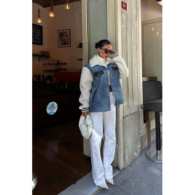 İçi Kürklü Deri Garnili Denim Görünümlü Ceket 6116 İçi Kürklü Deri Garnili Denim Görünümlü Ceket 6116