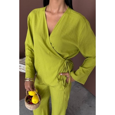 Kruvaze Model Klasik Pantolonlu Çupra Keten Takım 10191 Kruvaze Model Klasik Pantolonlu Çupra Keten Takım 10191