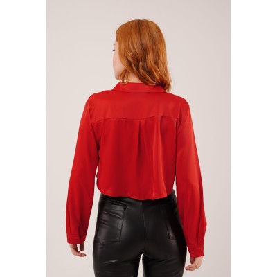 Saten Crop Model Kırmızı Gömlek Saten Crop Model Kırmızı Gömlek