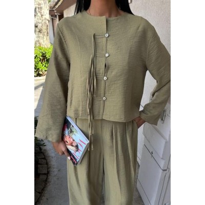 Önü İnce Kordon Detaylı Ve Double Paça Pantolonlu Takım 10180 Önü İnce Kordon Detaylı Ve Double Paça Pantolonlu Takım 10180