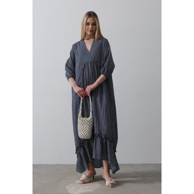 Çizgili Oversize V Yaka Elbise - Lacivert Çizgili Oversize V Yaka Elbise - Lacivert