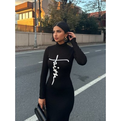 Kadın Uzun Kollu Boğazlı Baskı Detaylı Viskon Tam Boy Elbise Kadın Uzun Kollu Boğazlı Baskı Detaylı Viskon Tam Boy Elbise