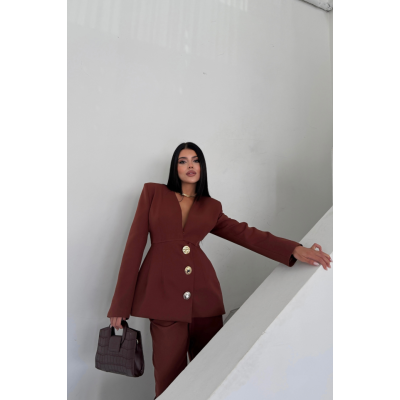 TASARIM CEKET-PANTOLON TAKIM METAL DÜĞME DETAYLI - Kahverengi TASARIM CEKET-PANTOLON TAKIM METAL DÜĞME DETAYLI - Kahverengi