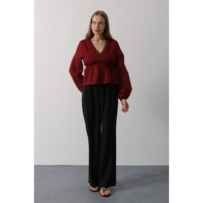 V Yaka Dantelli Bluz - Bordo V Yaka Dantelli Bluz - Bordo