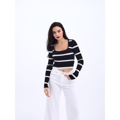 42221 TRİKO ÇİZGİLİ FİTİLLİ CROP-SİYAH-EKRU 42221 TRİKO ÇİZGİLİ FİTİLLİ CROP-SİYAH-EKRU