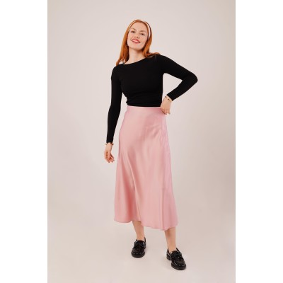 Çan Kesim Midi Pembe Saten Etek Çan Kesim Midi Pembe Saten Etek