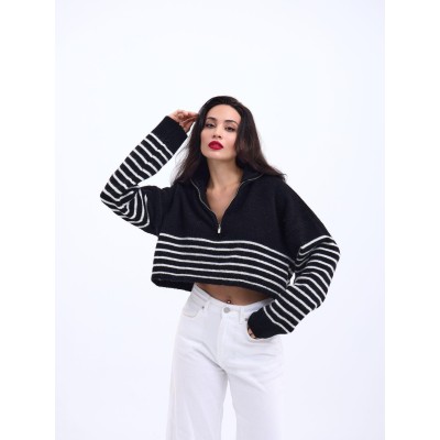 43311 TRİKO ÇİZGİLİ FERMUARLI CROP-SİYAH-EKRU 43311 TRİKO ÇİZGİLİ FERMUARLI CROP-SİYAH-EKRU