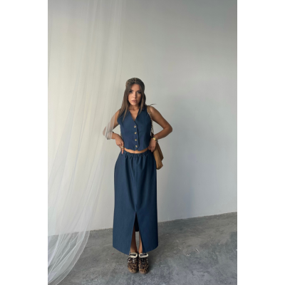 TENCEL YELEK - YIRTMAÇLI ETEK TAKIM - İndigo TENCEL YELEK - YIRTMAÇLI ETEK TAKIM - İndigo