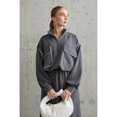 Füme Biyeli Sweatshirt Ve Etek Takım Füme Biyeli Sweatshirt Ve Etek Takım