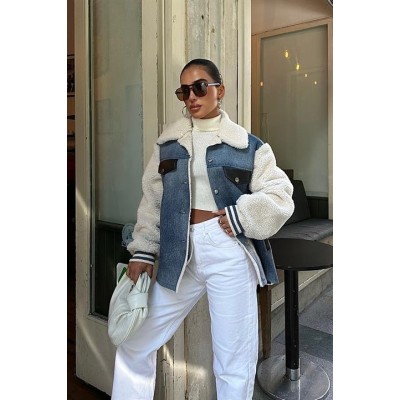 İçi Kürklü Deri Garnili Denim Görünümlü Ceket 6116 İçi Kürklü Deri Garnili Denim Görünümlü Ceket 6116
