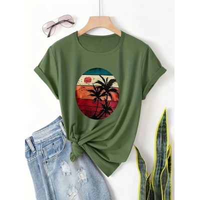Kadın Kısa Kollu Palmiye Baskılı Viskon T-shirt Kadın Kısa Kollu Palmiye Baskılı Viskon T-shirt